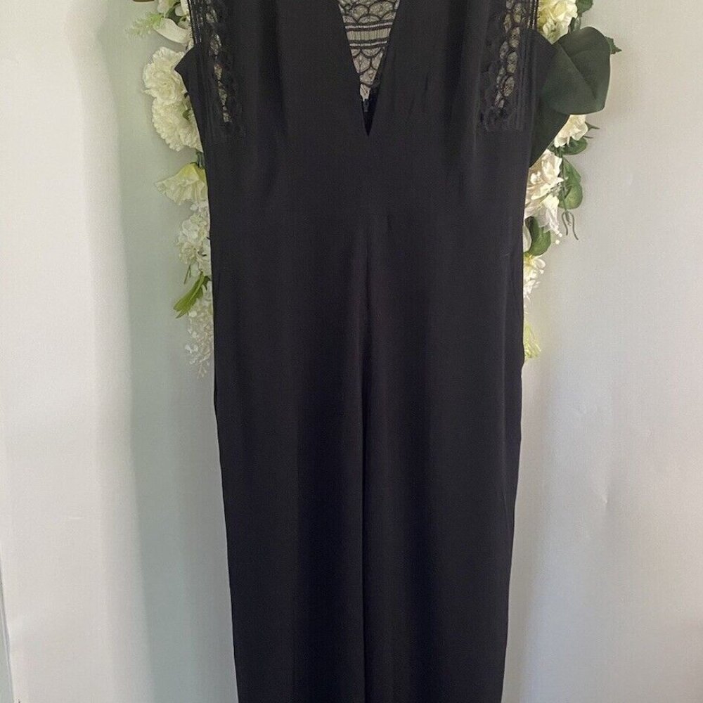 Sandro Palazzo Plunge V-Neck Lace Trim Wide Leg Jumpsuit in Black Med $495 NWOT - Picture 3 of 16